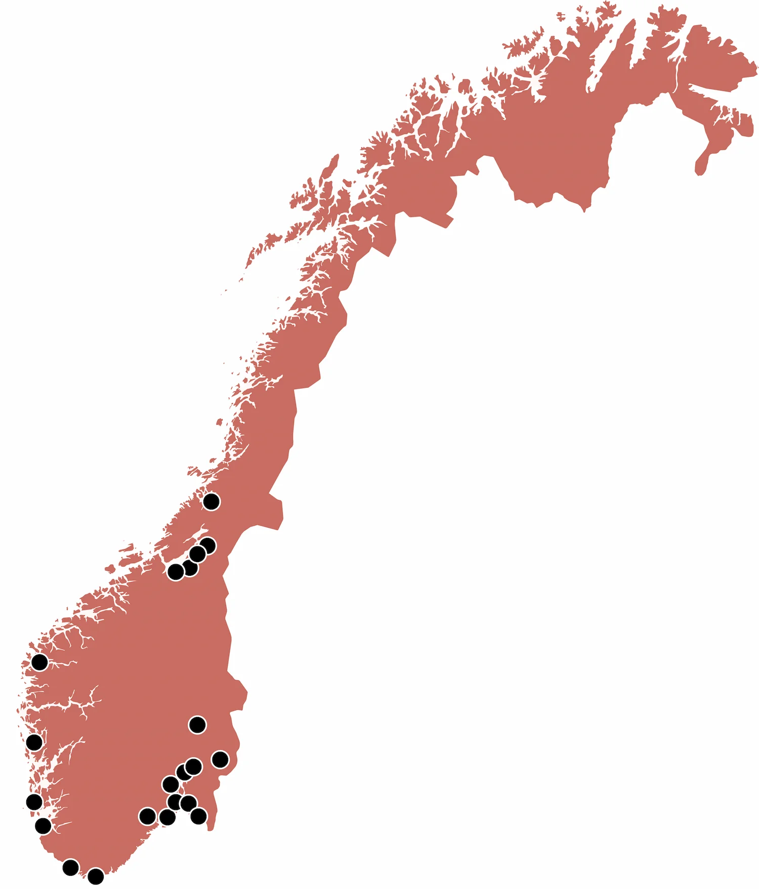 Kart over Norge med dagens KEO-butikker og områder som vurderes for nyetablering